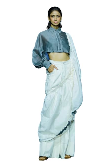 Buy_Diksha Khanna_Ivory Chanderi, Denim Collared Pre-draped Pant Saree And Cropped Shirt _Online_at_Aza_Fashions