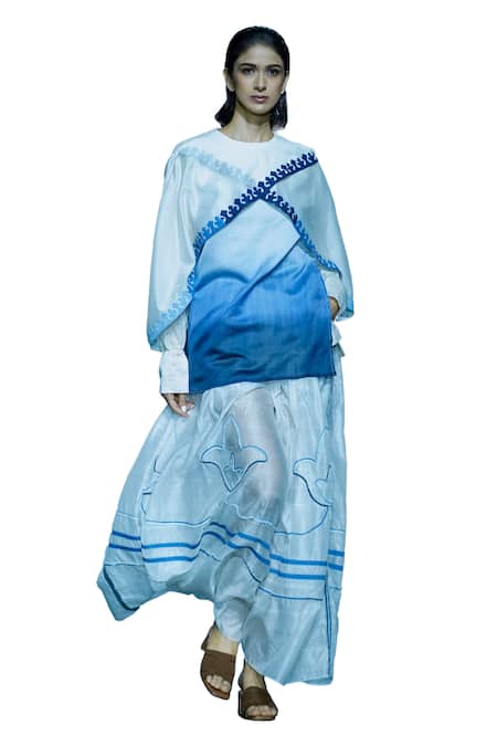 Diksha Khanna_White Chanderi Applique Round Neck Overlapped Ombre Top _Online_at_Aza_Fashions