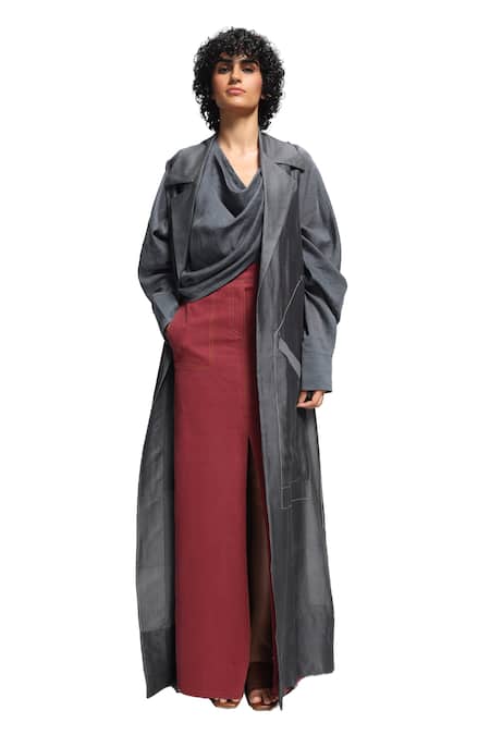 Diksha Khanna Grey Chanderi Collared Trench Jacket Online at Aza Fashions Diksha Khanna_Grey Chanderi Collared Trench Jacket _Online_at_Aza_Fashions