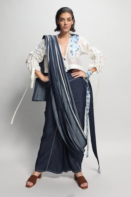 Diksha Khanna_Blue Chanderi, Denim Patchwork V-neck Pre-stitched Saree With Work Shirt _Online_at_Aza_Fashions
