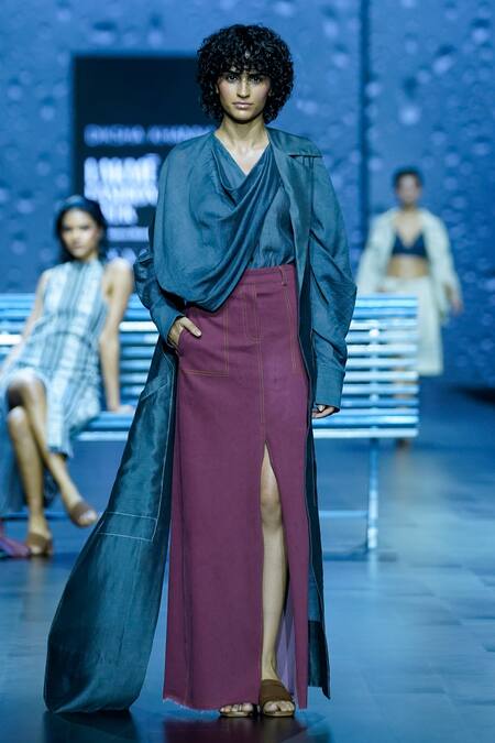 Shop_Diksha Khanna_Grey Linen Cowl Neck Draped Shirt _Online_at_Aza_Fashions