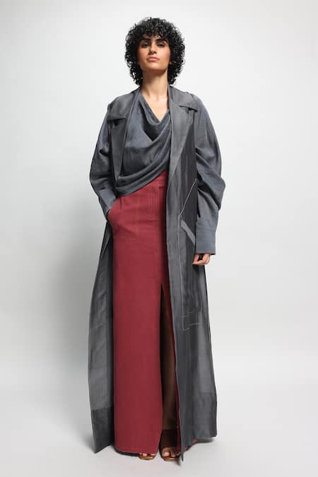 DIKSHA KHANNA Grey Chanderi Plain Lapel Collar Trench Jacket 