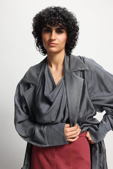 Buy_Diksha Khanna_Grey Chanderi Collared Trench Jacket _Online_at_Aza_Fashions