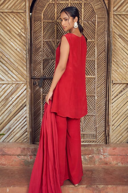Shop Megha Pitti Red Crepe Cut Work, Beads, Sequins Round Cutdana Neckline Embroidered Kurta Set at Aza Fashions Shop_Megha Pitti_Red Crepe Cut Work, Beads, Sequins Round Cutdana Neckline Embroidered Kurta Set _at_Aza_Fashions