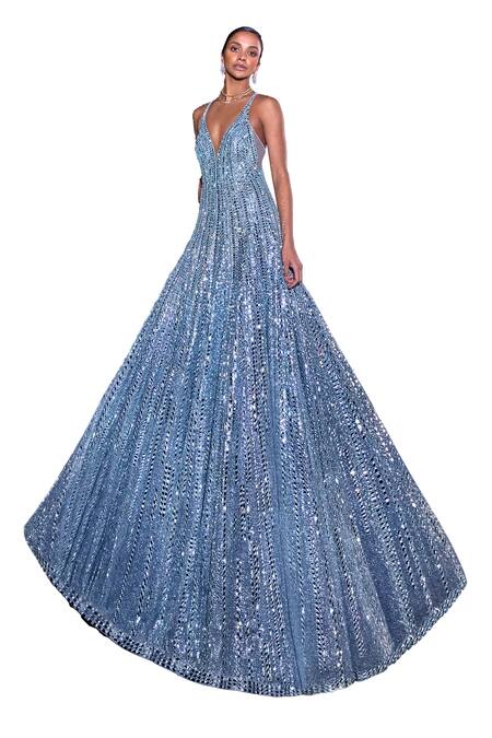 Buy_Seema Gujral_Blue Net Sequins, Mirrors Plunge Neck Embroidered Gown _Online_at_Aza_Fashions