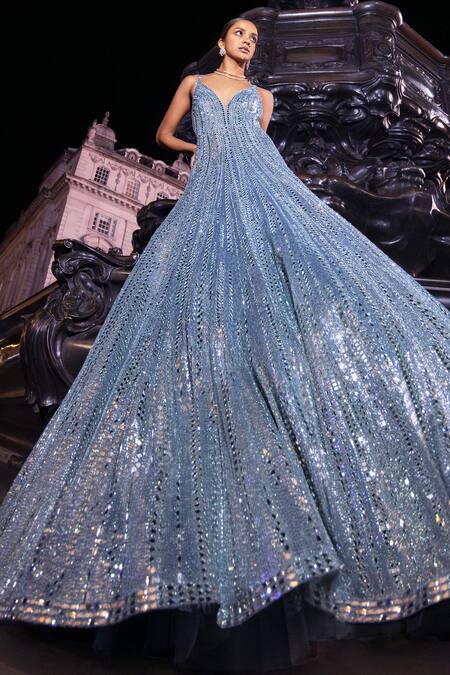 Seema Gujral_Blue Net Sequins, Mirrors Plunge Neck Embroidered Gown _at_Aza_Fashions