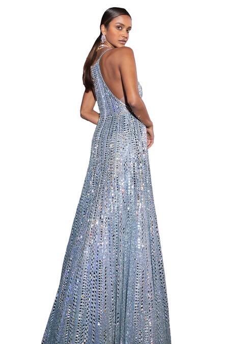 Buy_Seema Gujral_Blue Net Sequins, Mirrors Plunge Neck Embroidered Gown 