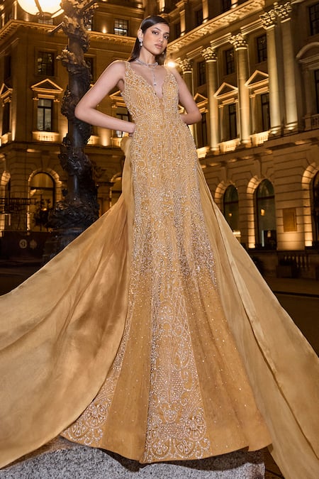 Buy Seema Gujral Gold Net Pearls Plunge Neck Embroidered Gown Online at Aza Fashions Buy_Seema Gujral_Gold Net Pearls Plunge Neck Embroidered Gown _Online_at_Aza_Fashions