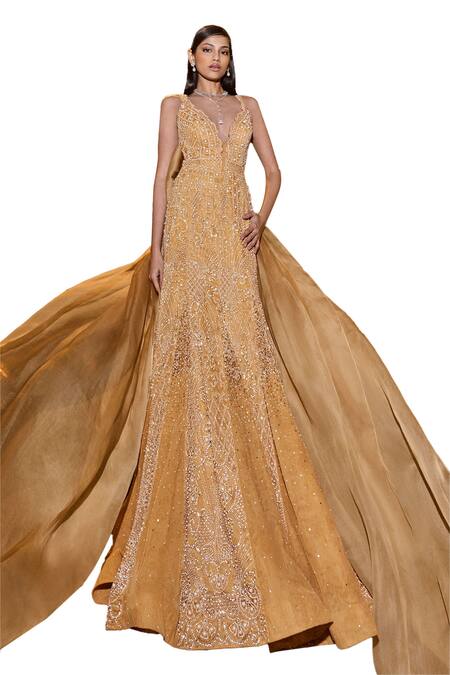 Shop Seema Gujral Gold Net Pearls Plunge Neck Embroidered Gown Online at Aza Fashions Shop_Seema Gujral_Gold Net Pearls Plunge Neck Embroidered Gown _Online_at_Aza_Fashions