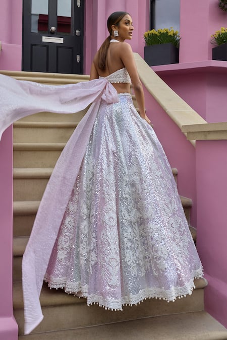 Shop_Seema Gujral_Peach Net Sequins Plunge Neck Dori Embroidered Pastel Lehenga Set_at_Aza_Fashions