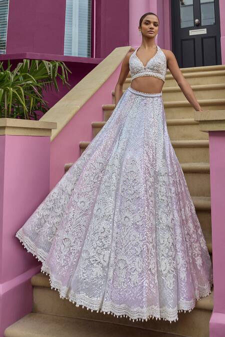 Seema Gujral_Peach Net Sequins Plunge Neck Dori Embroidered Pastel Lehenga Set_Online_at_Aza_Fashions
