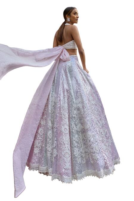 Shop_Seema Gujral_Peach Net Sequins Plunge Neck Dori Embroidered Pastel Lehenga Set_Online_at_Aza_Fashions