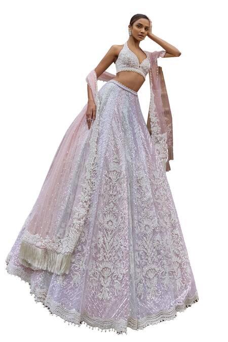 Seema Gujral_Peach Net Sequins Plunge Neck Dori Embroidered Pastel Lehenga Set_at_Aza_Fashions