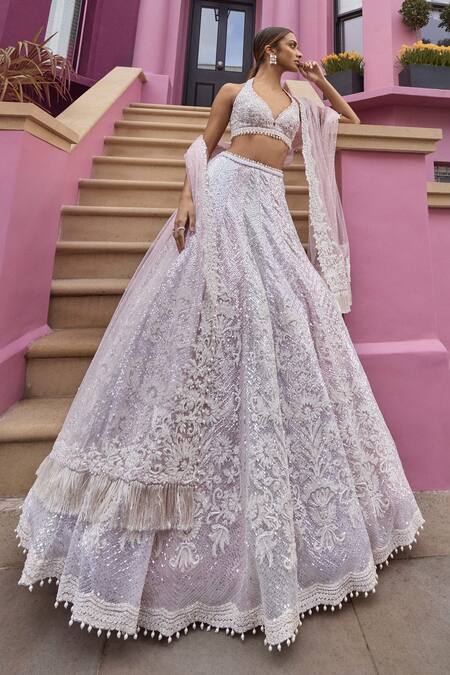 Shop_Seema Gujral_Peach Net Sequins Plunge Neck Dori Embroidered Pastel Lehenga Set