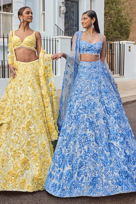Seema Gujral_Blue Net Pearls, Sequins, Crystals Sweetheart Neck Floral Embroidered Lehenga _Online_at_Aza_Fashions