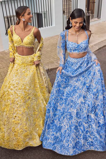 Buy_Seema Gujral_Blue Net Pearls, Sequins, Crystals Sweetheart Neck Floral Embroidered Lehenga _Online_at_Aza_Fashions