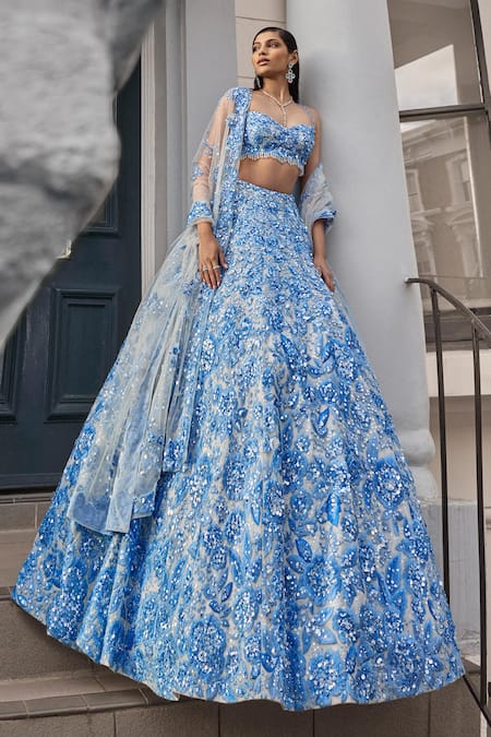 Shop_Seema Gujral_Blue Net Pearls, Sequins, Crystals Sweetheart Neck Floral Embroidered Lehenga _Online_at_Aza_Fashions