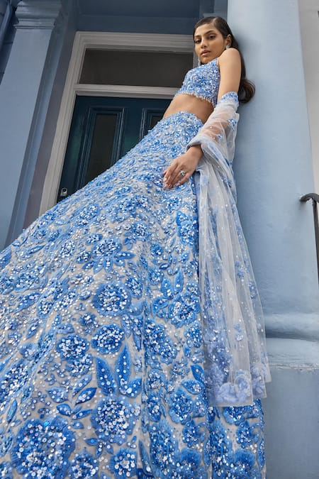 Buy_Seema Gujral_Blue Net Pearls, Sequins, Crystals Sweetheart Neck Floral Embroidered Lehenga 