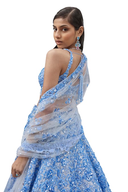 Shop_Seema Gujral_Blue Net Pearls, Sequins, Crystals Sweetheart Neck Floral Embroidered Lehenga 