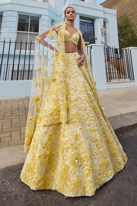 Seema Gujral Yellow Net Embroidered 3d Florals Plunged Leaf Lehenga Set 