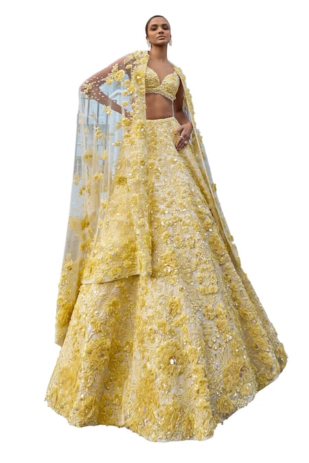Shop_Seema Gujral_Yellow Net Pearls, Sequins, Crystals, Cut Work 3d Floral Embroidered Lehenga Set_Online_at_Aza_Fashions