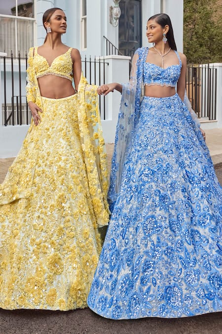 Shop_Seema Gujral_Yellow Net Pearls, Sequins, Crystals, Cut Work 3d Floral Embroidered Lehenga Set