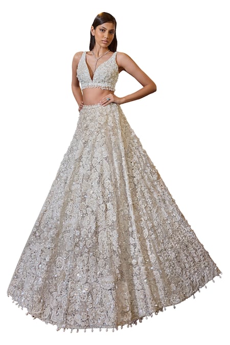 Seema Gujral_Ivory Net Sequins, Pearls, Three-dimensional Floral Work Bridal Lehenga Set _Online_at_Aza_Fashions