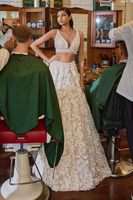 Buy_Seema Gujral_Ivory Net Sequins, Pearls, Three-dimensional Floral Work Bridal Lehenga Set _Online_at_Aza_Fashions