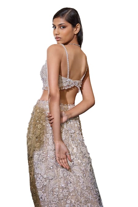 Seema Gujral_Ivory Net Sequins, Pearls, Three-dimensional Floral Work Bridal Lehenga Set _at_Aza_Fashions