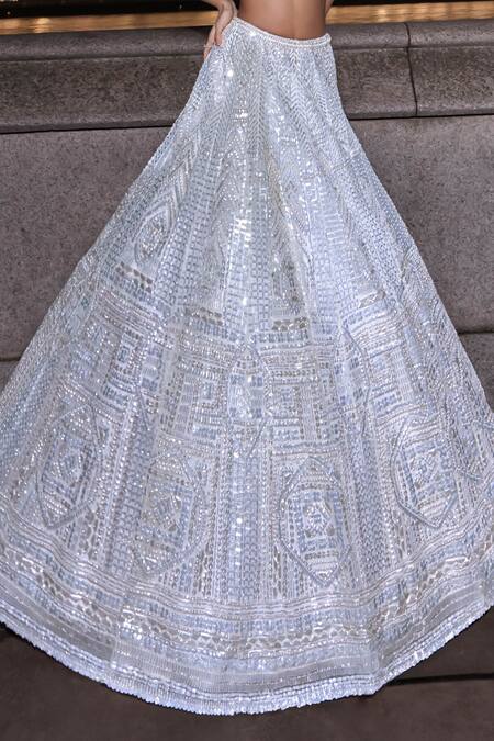 Buy_Seema Gujral_White Net Sequins, Embroidery Plunge Neck Bridal Lehenga Set_Online_at_Aza_Fashions