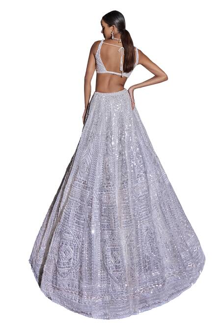 Seema Gujral_White Net Sequins, Embroidery Plunge Neck Bridal Lehenga Set_at_Aza_Fashions