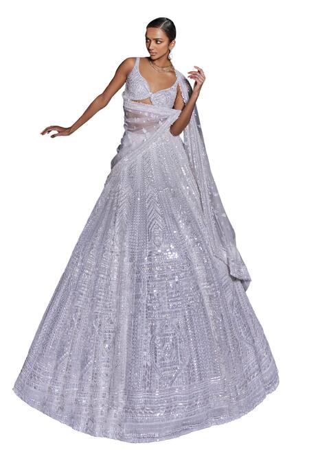 Buy_Seema Gujral_White Net Sequins, Embroidery Plunge Neck Bridal Lehenga Set