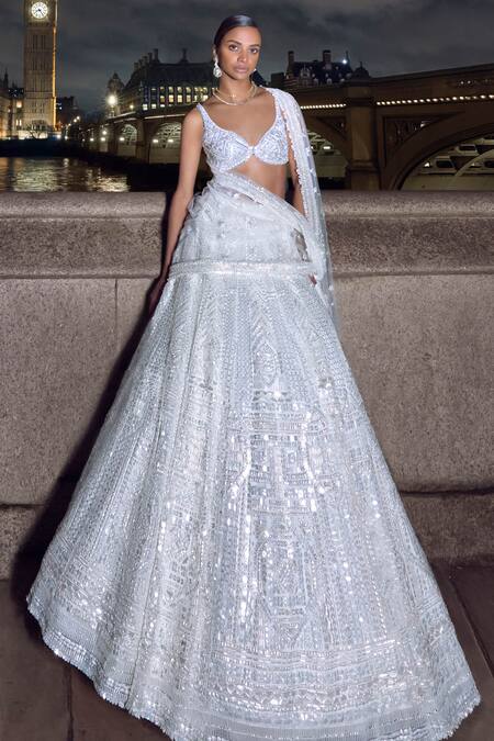 Shop_Seema Gujral_White Net Sequins, Embroidery Plunge Neck Bridal Lehenga Set