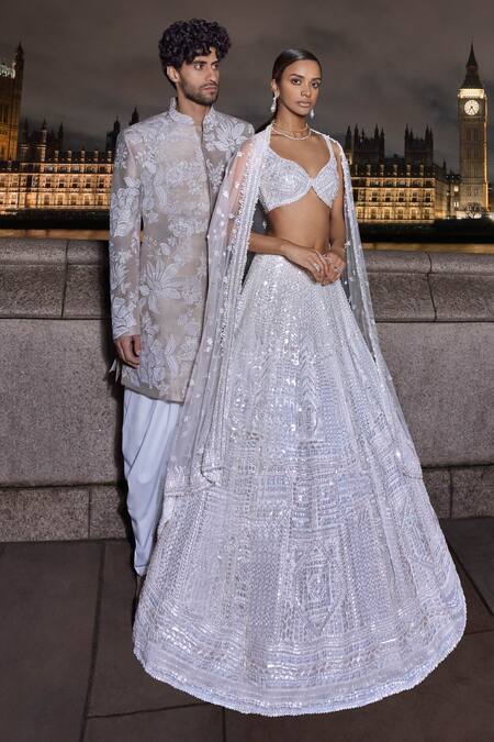 Buy White Net Sequins, Embroidery Plunge Neck Bridal Lehenga Set