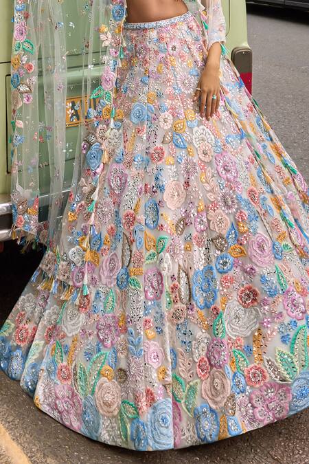 Buy_Seema Gujral_Ivory Net Sequins, Beads, Pearls, Tassels Pastel Floral Embroidered Lehenga Set_Online_at_Aza_Fashions