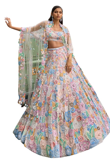 Shop_Seema Gujral_Ivory Net Sequins, Beads, Pearls, Tassels Pastel Floral Embroidered Lehenga Set_Online_at_Aza_Fashions