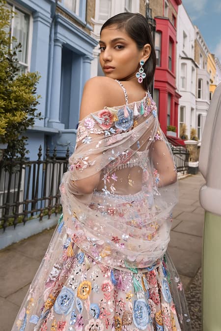 Buy_Seema Gujral_Ivory Net Sequins, Beads, Pearls, Tassels Pastel Floral Embroidered Lehenga Set