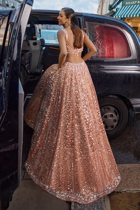 Seema Gujral_Peach Net Tassels, Sequins Sweetheart Neck Embroidered Bridal Lehenga Set _Online_at_Aza_Fashions