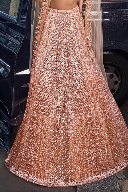 Buy_Seema Gujral_Peach Net Tassels, Sequins Sweetheart Neck Embroidered Bridal Lehenga Set 