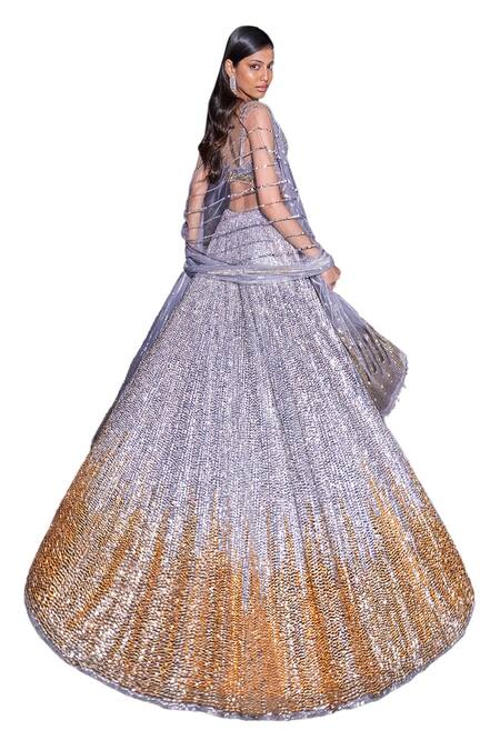 Shop Seema Gujral Silver Net Sequins, Beads Plunge Neck Ombre Embroidered Lehenga Set Online at Aza Fashions Shop_Seema Gujral_Silver Net Sequins, Beads Plunge Neck Ombre Embroidered Lehenga Set _Online_at_Aza_Fashions