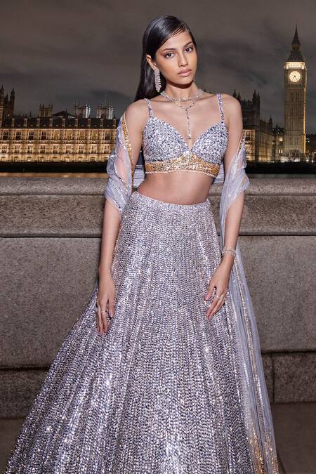Buy Seema Gujral Silver Net Sequins, Beads Plunge Neck Ombre Embroidered Lehenga Set Buy_Seema Gujral_Silver Net Sequins, Beads Plunge Neck Ombre Embroidered Lehenga Set