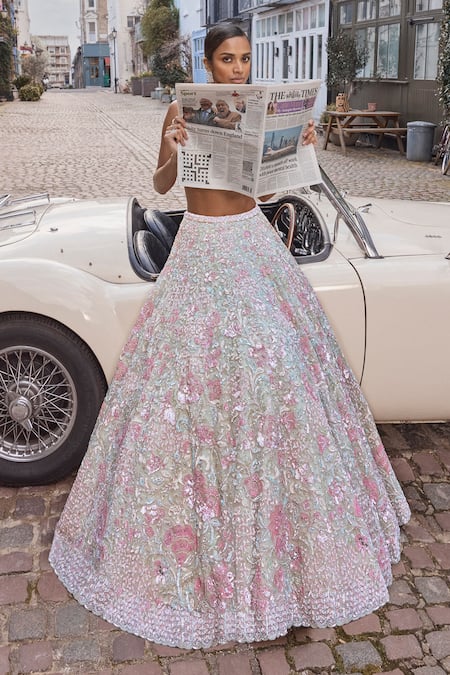 Buy_Seema Gujral_Green Net Sequins, Beads, Tassels, Embroidery Plunge Neck Floral Lehenga Set _Online_at_Aza_Fashions