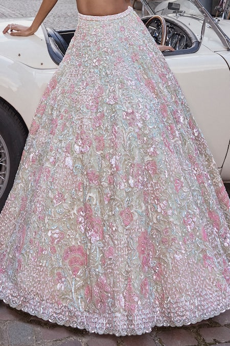 Seema Gujral_Green Net Sequins, Beads, Tassels, Embroidery Plunge Neck Floral Lehenga Set _at_Aza_Fashions