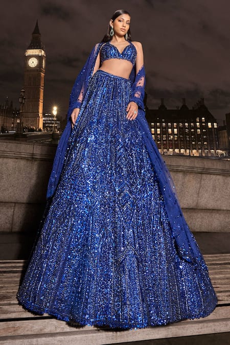 Seema Gujral_Blue Net Sequins Halter Neck Geometric Embroidered Lehenga Set _at_Aza_Fashions