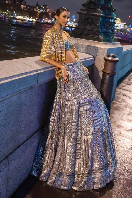 Buy_Seema Gujral_Silver Net Crystals, Sequins Plunge Neck Antique Embroidered Lehenga Set _Online_at_Aza_Fashions