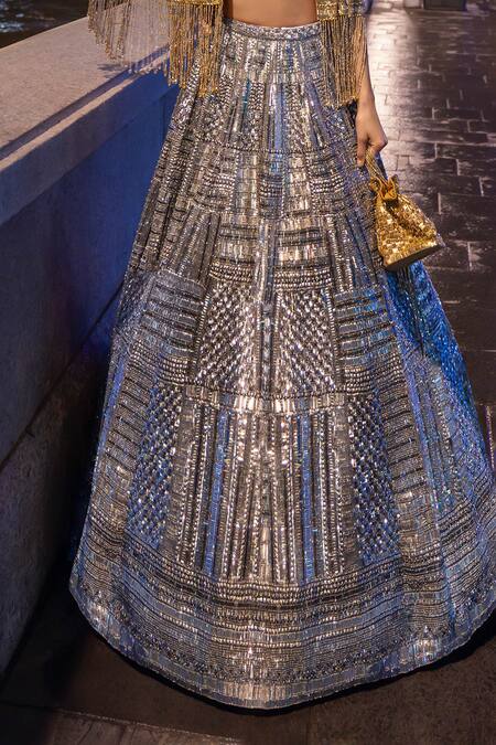 Shop_Seema Gujral_Silver Net Crystals, Sequins Plunge Neck Antique Embroidered Lehenga Set _Online_at_Aza_Fashions