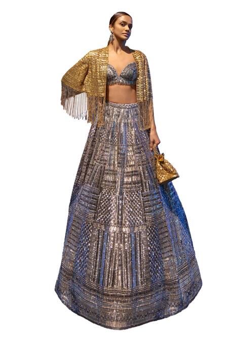 Seema Gujral_Silver Net Crystals, Sequins Plunge Neck Antique Embroidered Lehenga Set _at_Aza_Fashions
