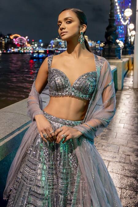 Buy_Seema Gujral_Silver Net Crystals, Sequins Plunge Neck Antique Embroidered Lehenga Set 