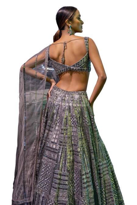 Shop_Seema Gujral_Silver Net Crystals, Sequins Plunge Neck Antique Embroidered Lehenga Set 