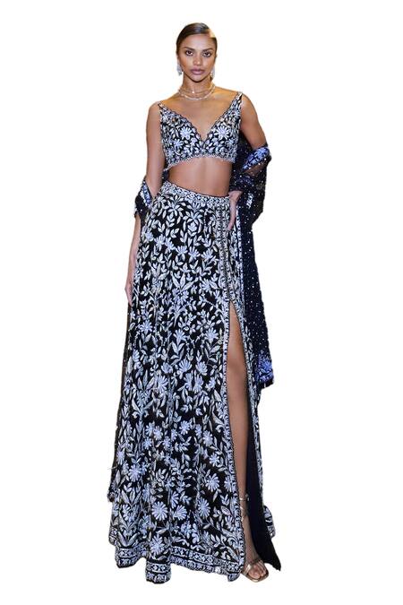 Buy Seema Gujral Black Net Sequins, Crystals, Beads Plunge Leaf Vine Embroidered Slit Skirt Set Online at Aza Fashions Buy_Seema Gujral_Black Net Sequins, Crystals, Beads Plunge Leaf Vine Embroidered Slit Skirt Set _Online_at_Aza_Fashions